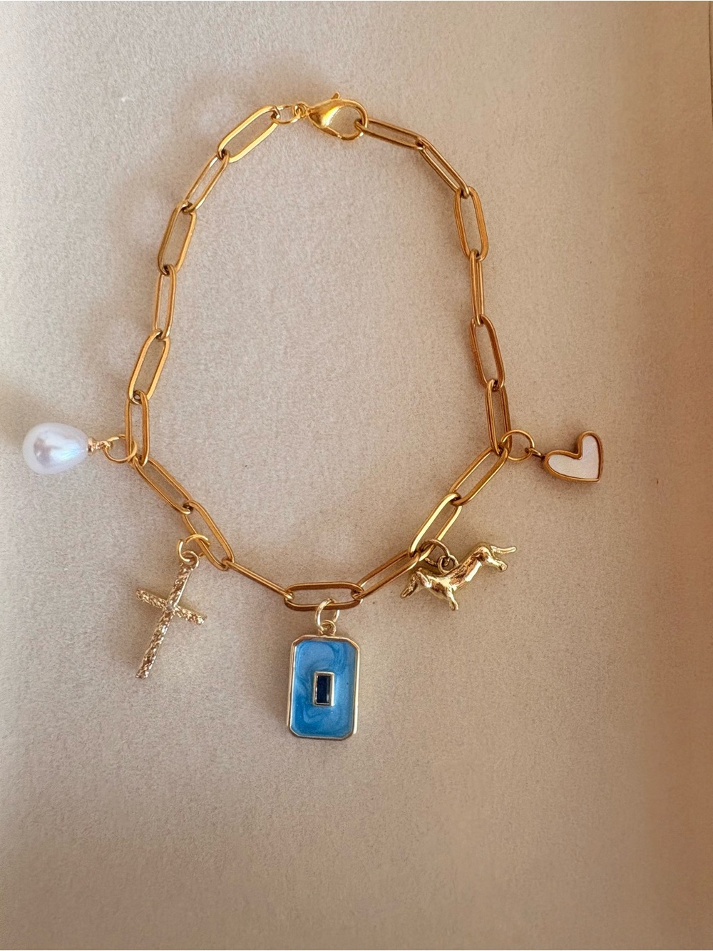 Gold Link Charm Bracelet with Blue Enamel Lock and Pearl - Unbranded